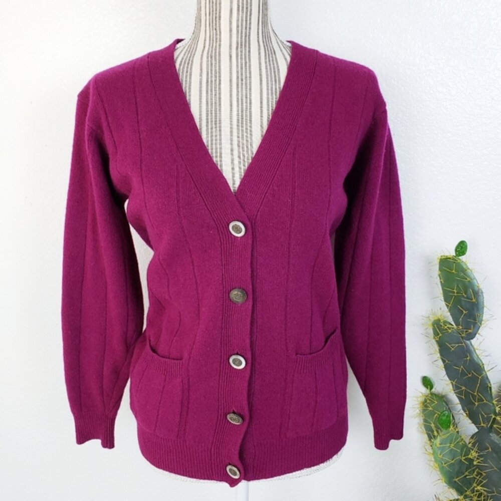 Vintage Nordstrom 100% Lambswool Knit Cardigan Burgundy size S V-neck Retro